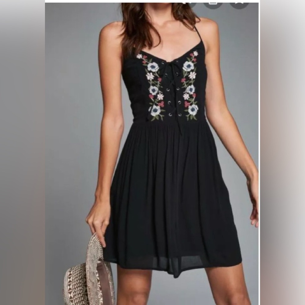 Abercrombie & Fitch Black Mini Dress with Floral Embroidery